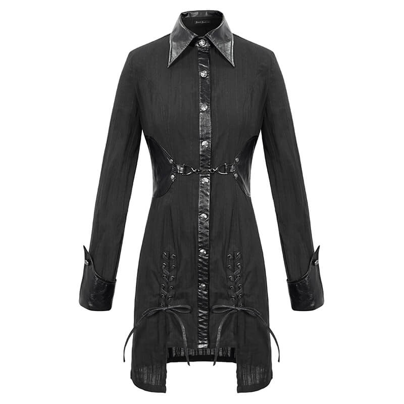 Gothic Style Female Shirt Dress with Lapel / Punk Rock Black Long Blouse for Women - HARD'N'HEAVY