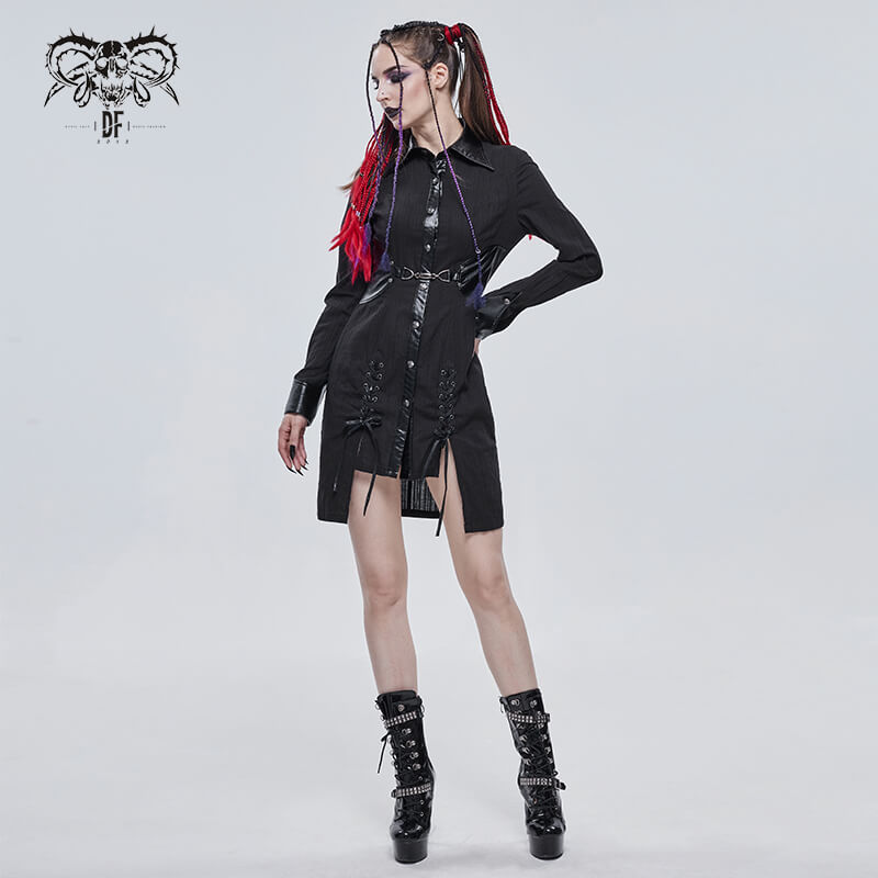 Gothic Style Female Shirt Dress with Lapel / Punk Rock Black Long Blouse for Women - HARD'N'HEAVY