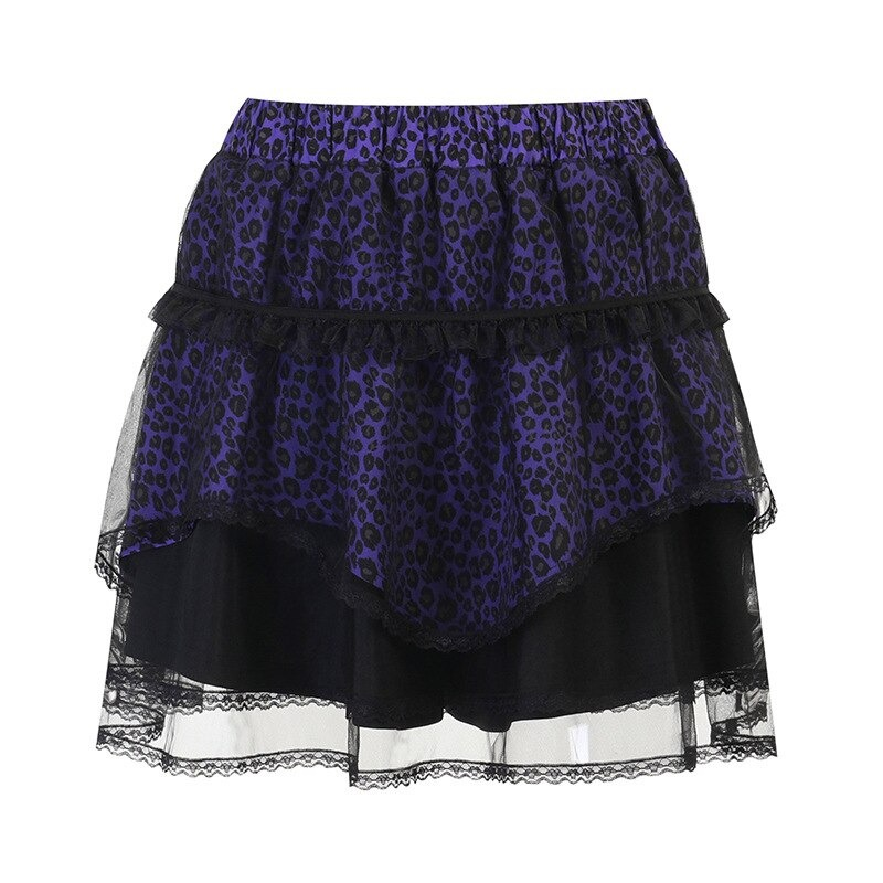 Gothic style women's short skirt with purple leopard print and lace detailing for a trendy, elegant look.