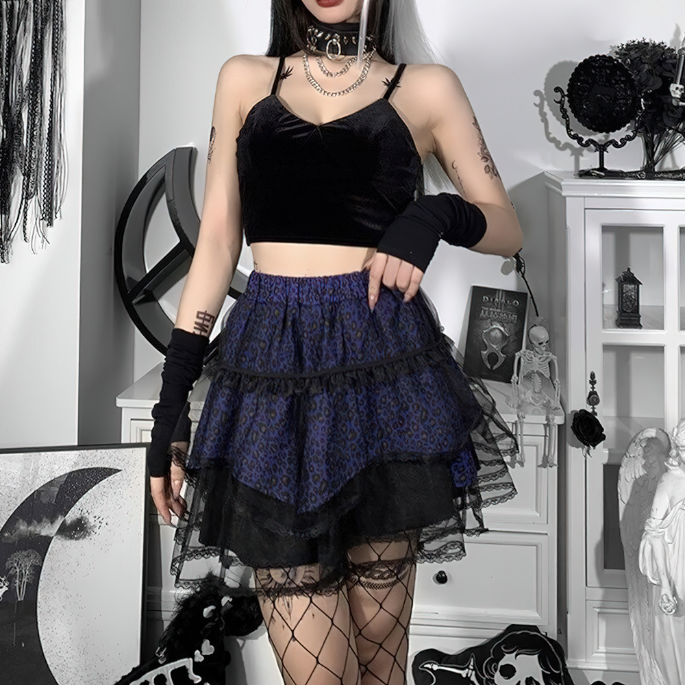 Gothic style women's short skirt with lace insert, paired with a stylish black crop top, perfect for edgy outfits.
