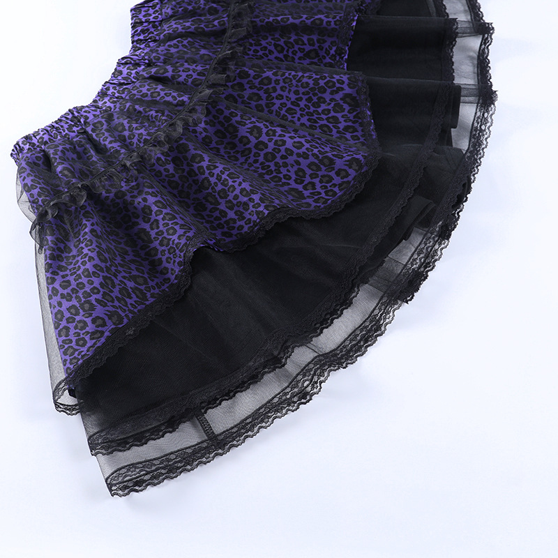 Gothic style women's short skirt with lace trim and purple leopard print, perfect for trendy outfits.