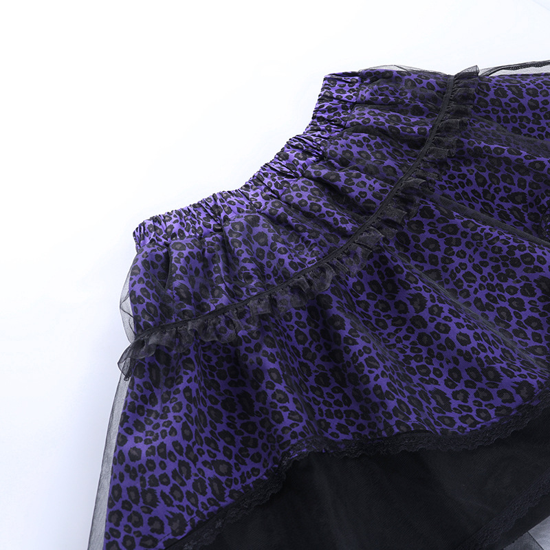 Gothic style women's short skirt with black lace insert and purple leopard print details.
