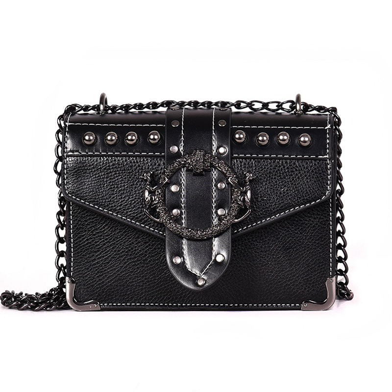 Gothic style women's square bag with rivet lock and chain strap, black PU leather design.