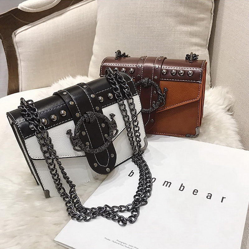 Gothic style female square bags with rivet lock and chain, perfect for edgy fashion enthusiasts.