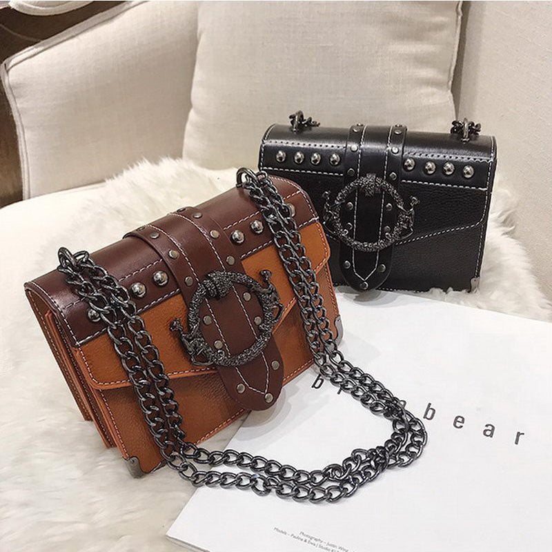 Gothic style women's small square bags in brown and black with metal chains and skull rivet details.