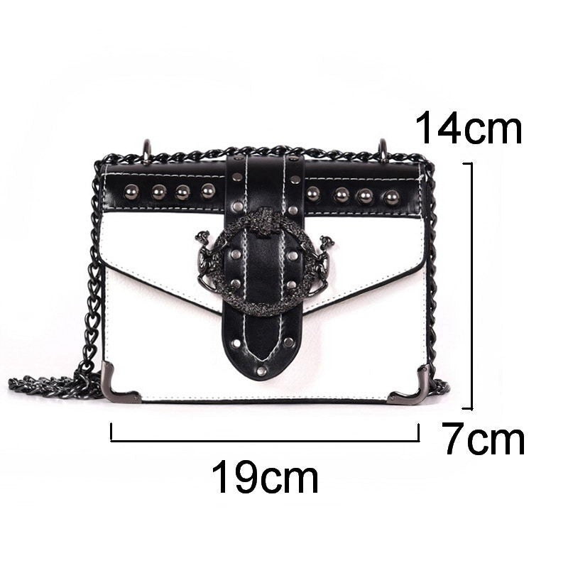Gothic style women's square bag with rivet lock and chain, measuring 19cm x 14cm x 7cm, perfect for edgy fashion.