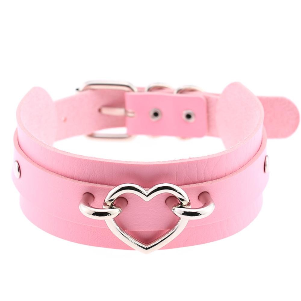 Pink leather heart choker necklace, stylish goth jewelry for women, perfect accessory for witch outfits.