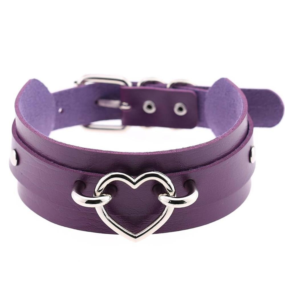 Purple leather heart choker necklace with silver clasp, perfect goth jewelry for women and trendy witch outfits.