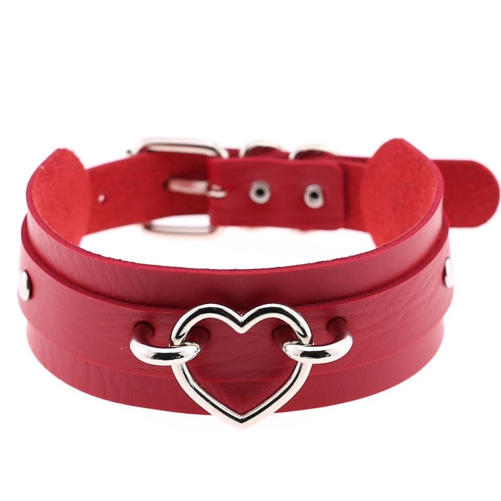 Red gothic heart choker necklace made of leather, perfect goth jewelry for women. Stylish and cute accessory.