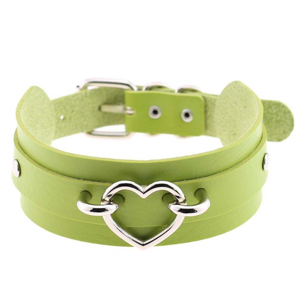 Gothic heart choker necklace in vibrant green leather with silver clasp, perfect for witchy style outfits.