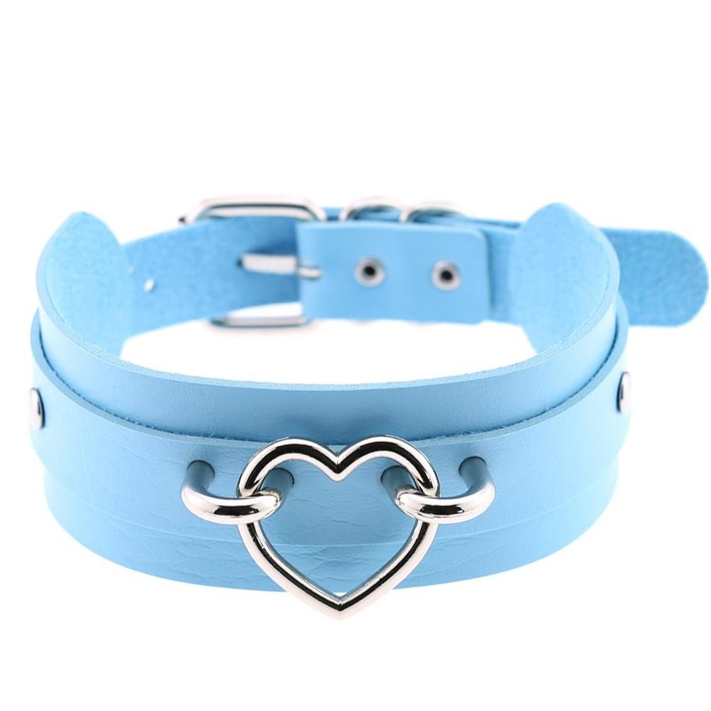 Light blue gothic heart choker necklace with silver clasp, perfect for witchy outfits and gothic jewelry lovers.