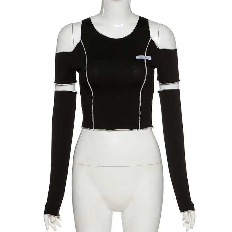 Gothic style black crop top with hollow out sleeves, perfect for stylish women's outfits.