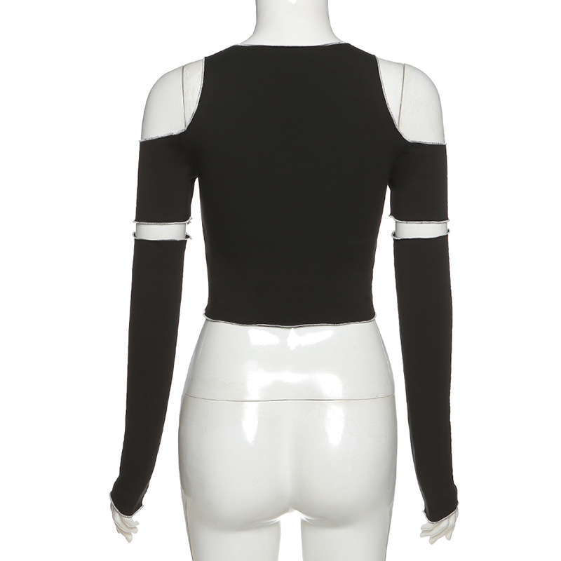Back view of Gothic Style Hollow Out Sleeve Crop Top, featuring open shoulders and detachable sleeves in black.
