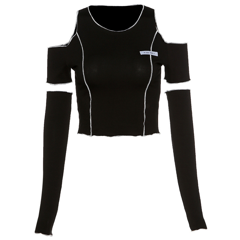 Gothic style black crop top with hollow out sleeves and detachable arm sleeves for a trendy look.