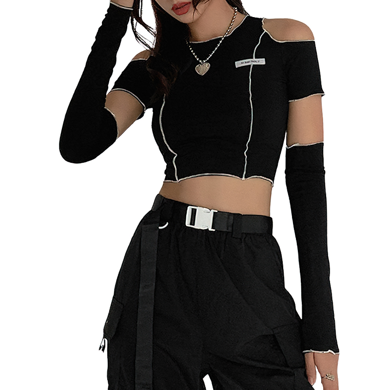 Gothic style black crop top with hollow out sleeves, perfect for edgy women's fashion and gothic outfits.