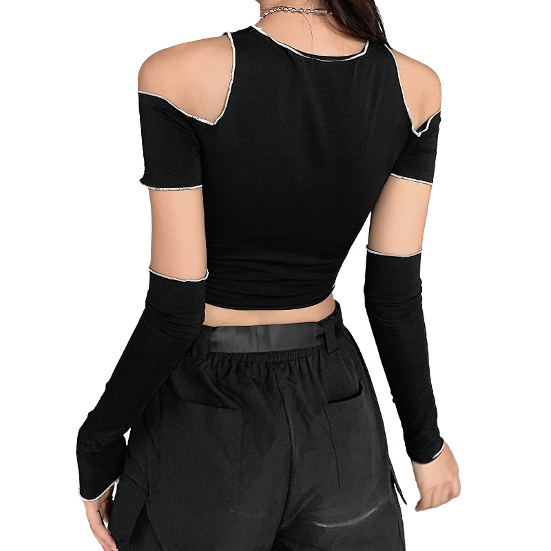 Gothic Style Hollow Out Sleeve Crop Top / Cool Women's Black Short Tee - HARD'N'HEAVY