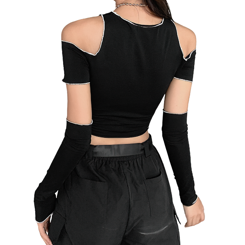Stylish Gothic Hollow Out Sleeve Crop Top for Women - Black with Detachable Sleeves