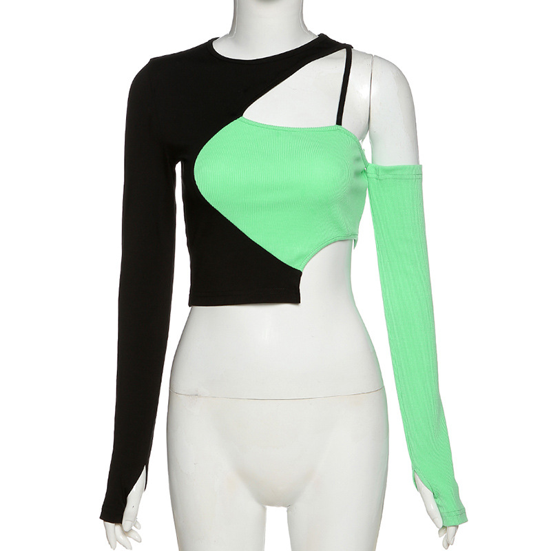 Gothic Style Hollow Out Sleeve Crop Top / Cool Women's Green Short Tee - HARD'N'HEAVY