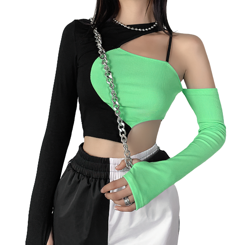 Gothic Style Hollow Out Sleeve Crop Top / Cool Women's Green Short Tee - HARD'N'HEAVY