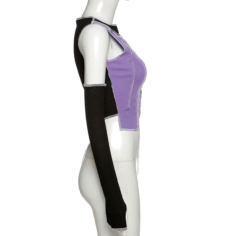 Gothic style purple crop top with hollow out sleeves, perfect for edgy fashion and colorful outfits.