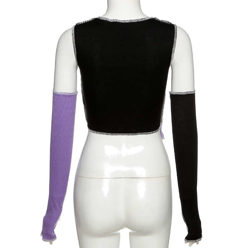 Back view of Gothic Style Hollow Out Sleeve Crop Top, showcasing mixed black and purple sleeves.