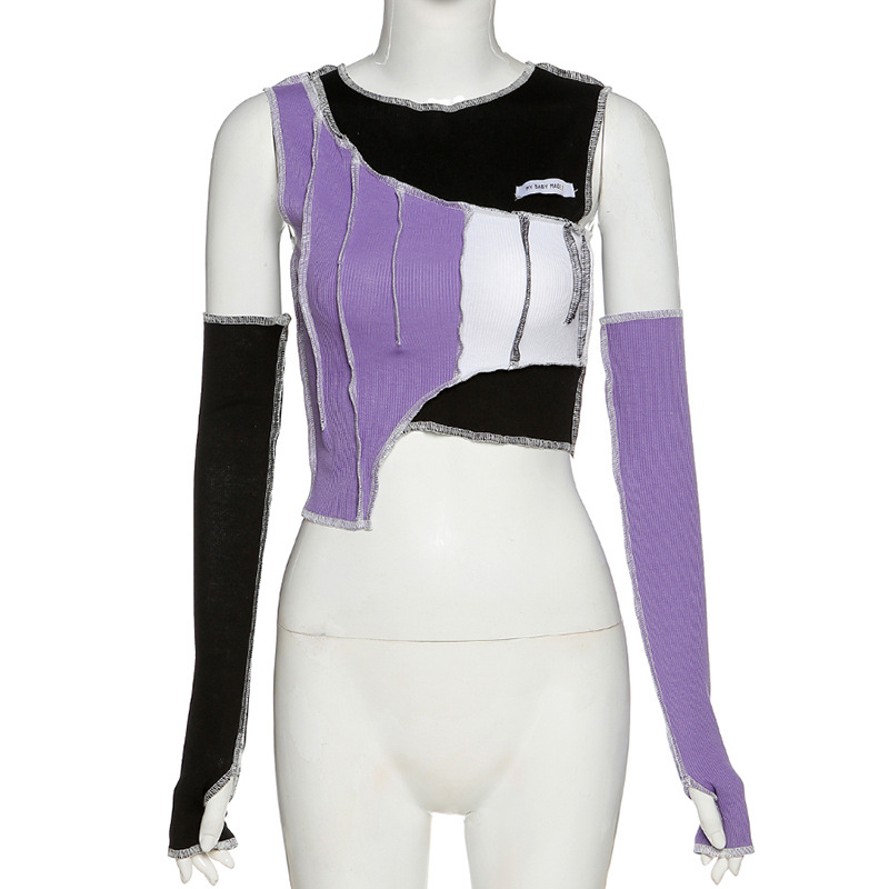Gothic style crop top with hollow out sleeves in purple, black, and white, perfect for stylish outfit experiments.