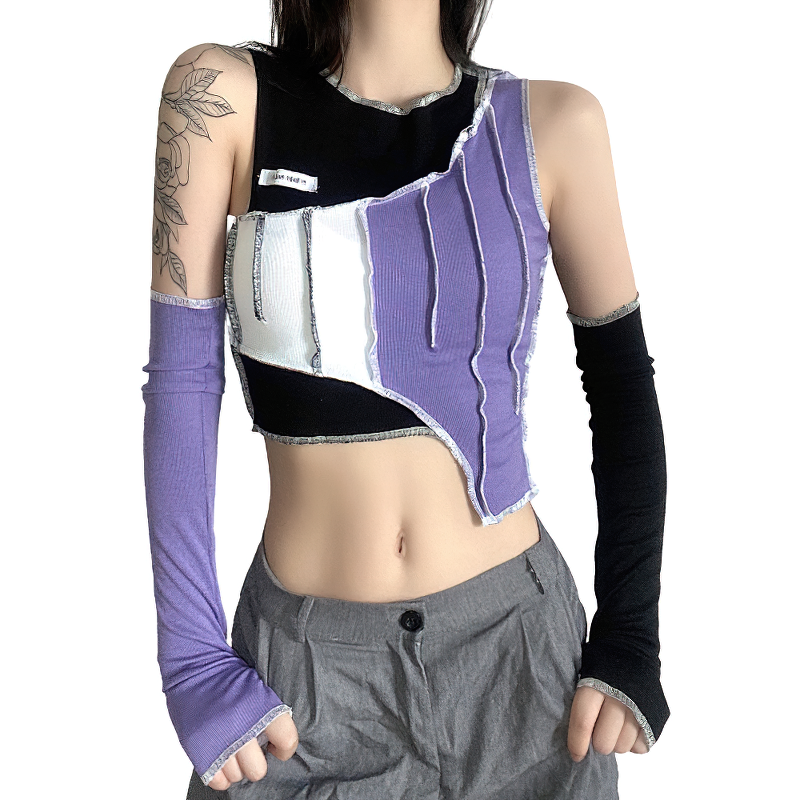 Gothic Style Hollow Out Sleeve Crop Top / Cool Women's Purple Short Tee - HARD'N'HEAVY