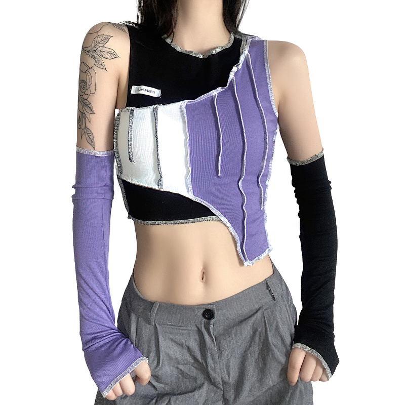 Gothic style women's purple crop top with hollow out sleeves, featuring black and white mixed design.