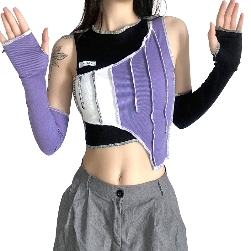 Gothic style women's purple hollow out sleeve crop top with black and white accents, perfect for stylish outfits.