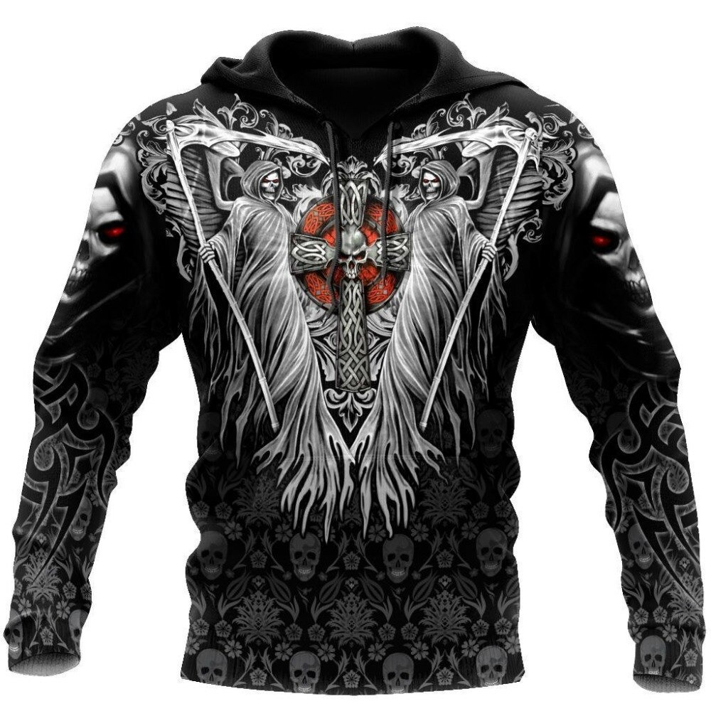 Gothic style hoodie for men with 3D Lucifer print, featuring detailed skull and scythe design, perfect for casual wear.