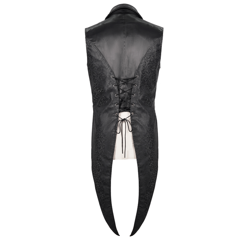 Back view of a black gothic style lace applique waistcoat with buckles, featuring a swallow tail design.