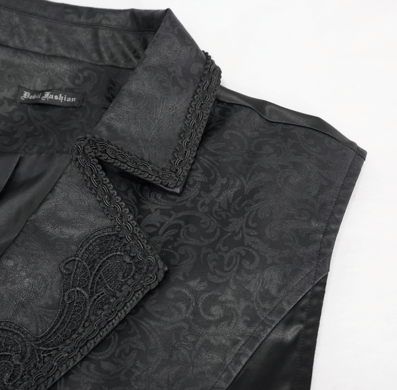 Close-up of gothic style lace applique collar on a black vintage vest by Devil Fashion.