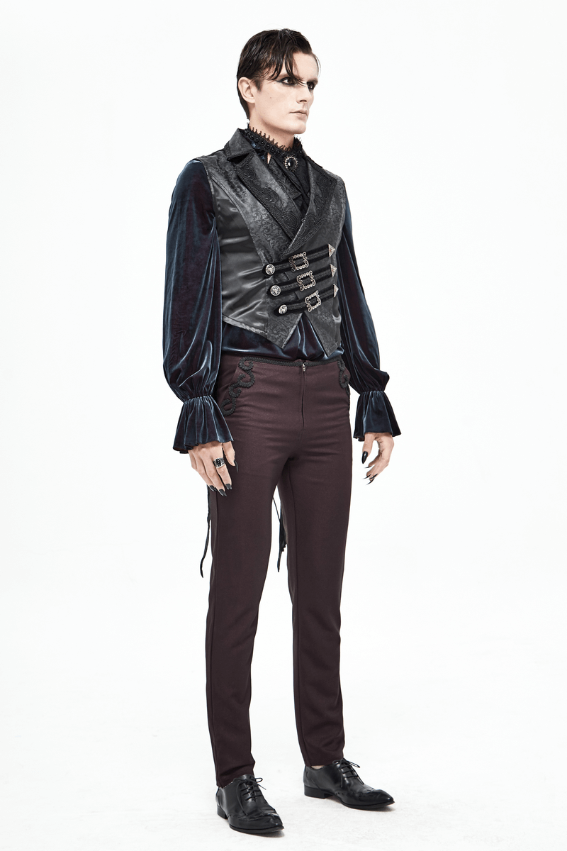 Men's gothic style lace applique waistcoat with buckles, paired with dark pants and elegant shirt.