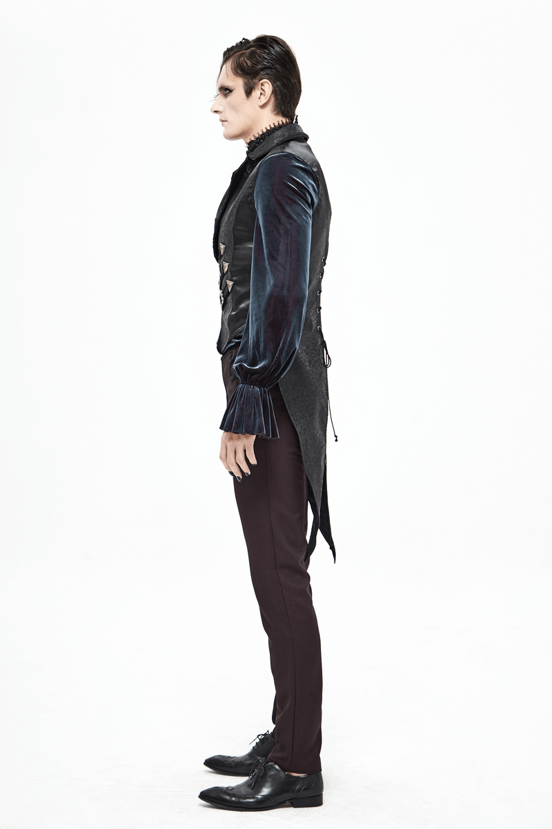 Men's gothic style waistcoat featuring lace applique and buckles, styled as a swallow tailcoat with elegant retro flair.