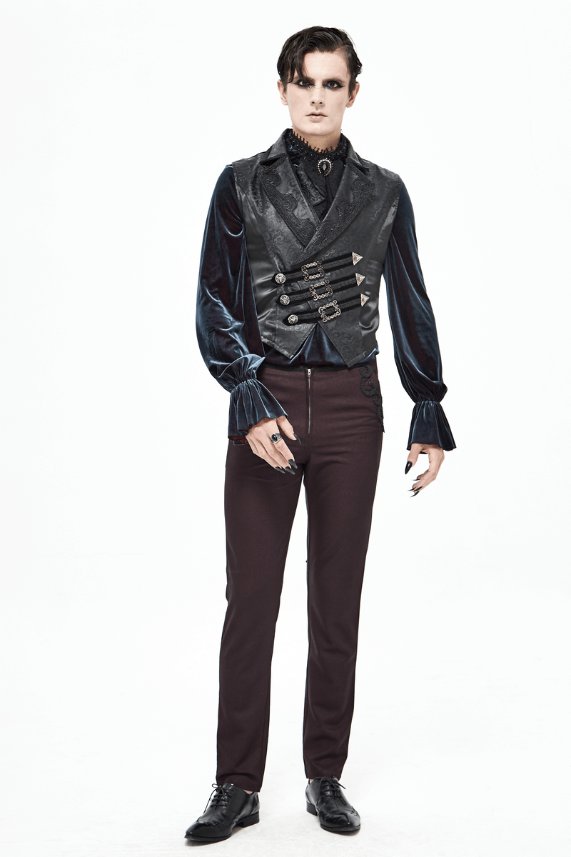Men's gothic style waistcoat with buckles, featuring a vintage design and sleek black fabric.