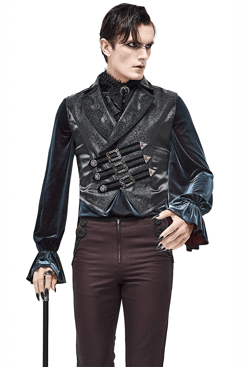 Gothic style lace applique waistcoat with buckles, worn by a model in a vintage setting, showcasing dark elegance.