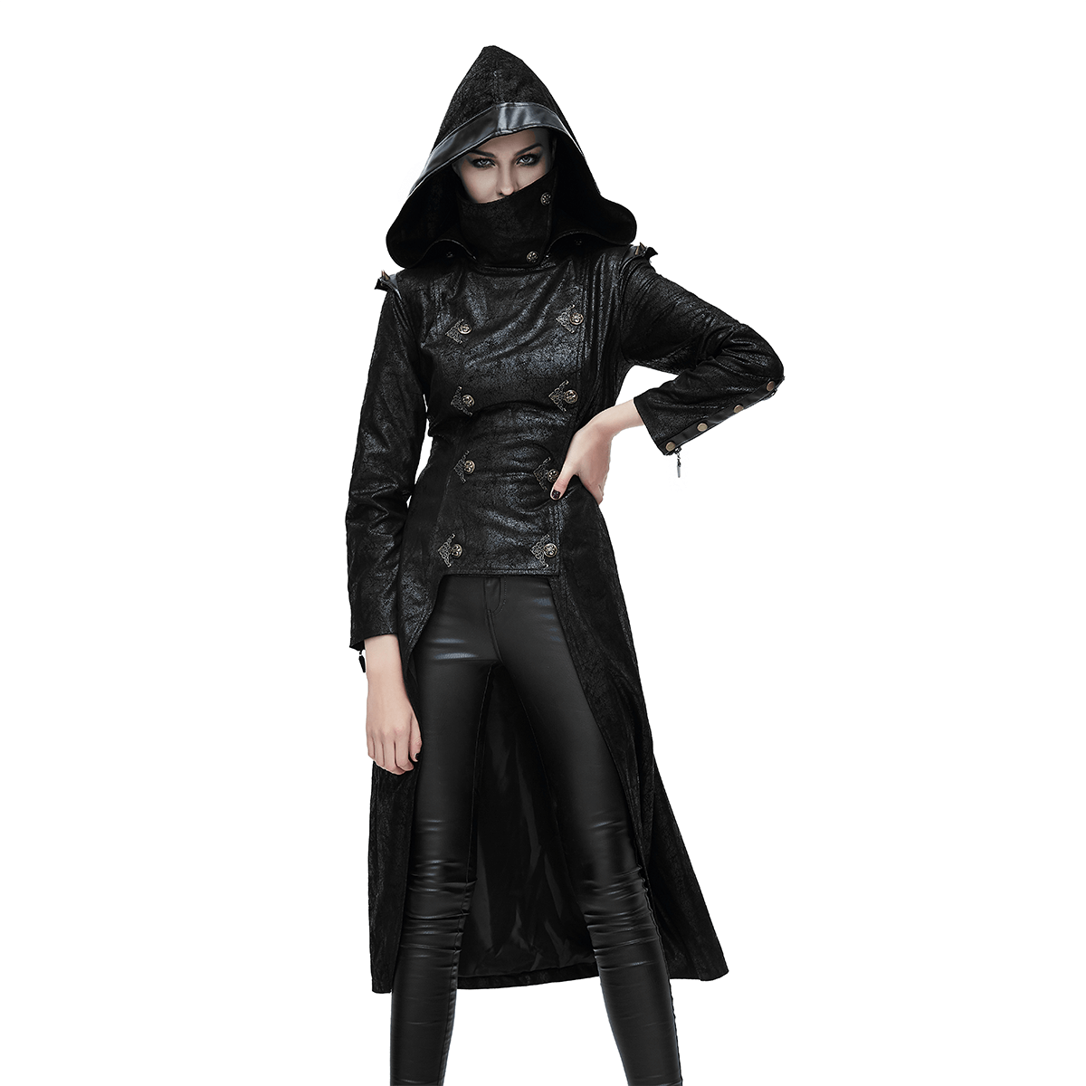 Gothic Style Ladies SlimHooded Coat with Rivets / Steampunk Black Coats For Women - HARD'N'HEAVY