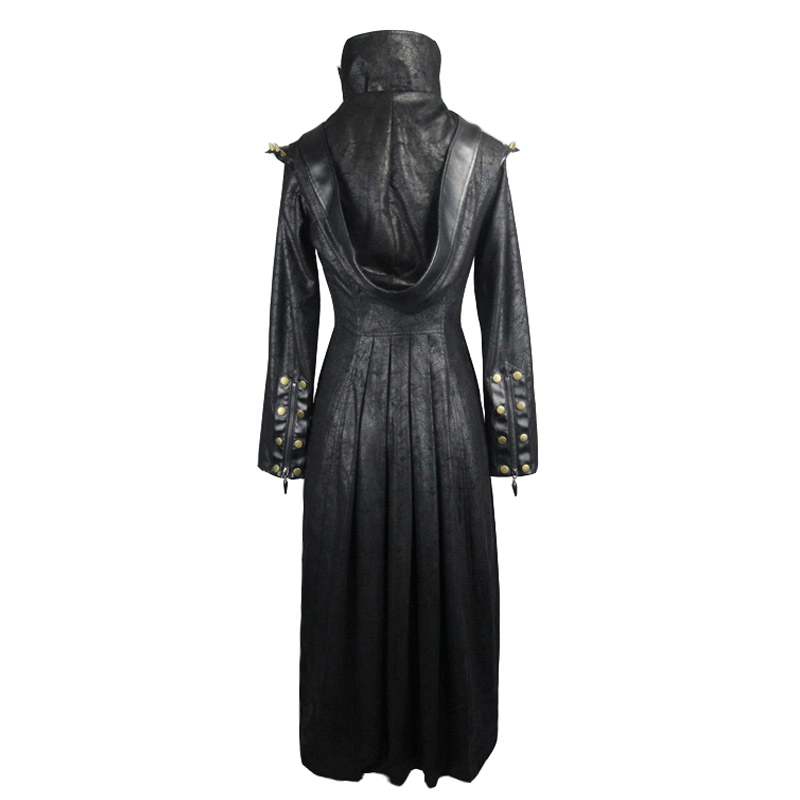 Gothic Style Ladies SlimHooded Coat with Rivets / Steampunk Black Coats For Women - HARD'N'HEAVY