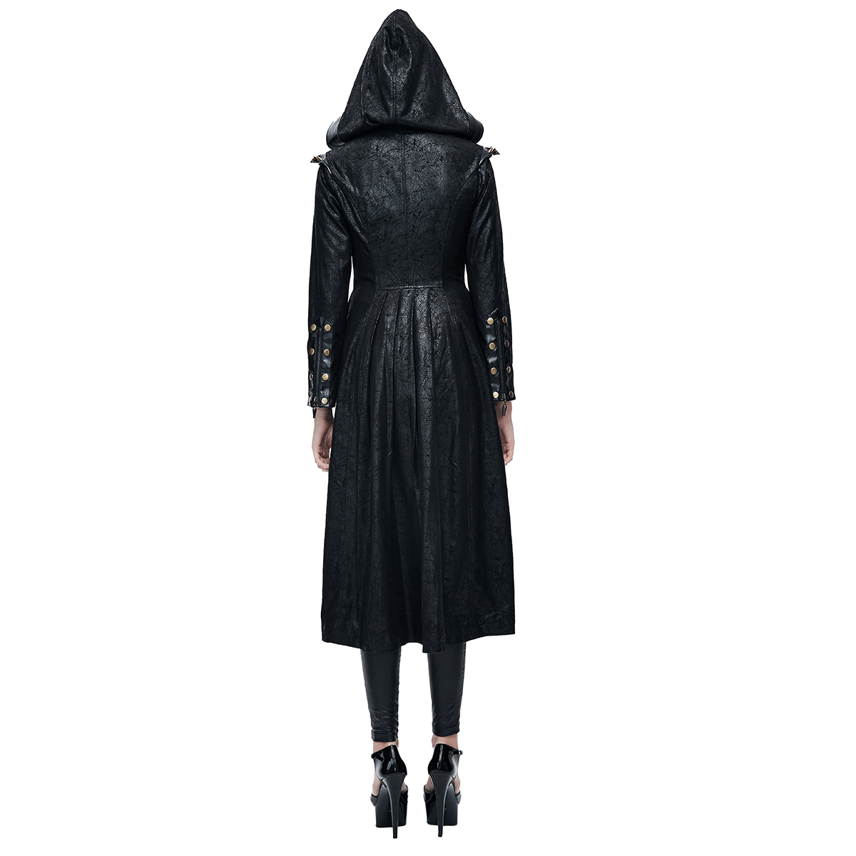 Gothic Style Ladies SlimHooded Coat with Rivets / Steampunk Black Coats For Women - HARD'N'HEAVY