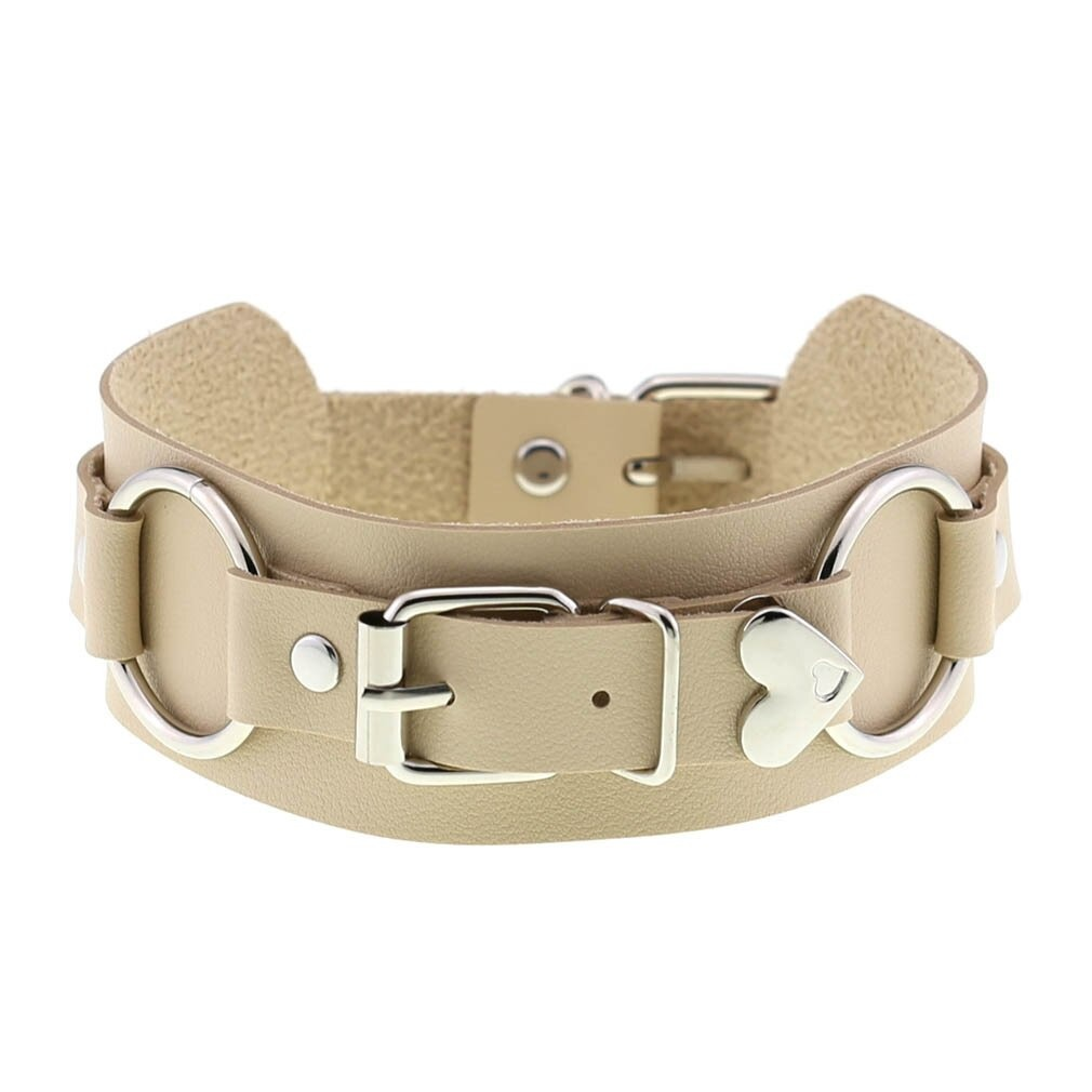 Gothic style beige leather heart choker necklace collar for women, perfect for cosplay and fashion accessories.