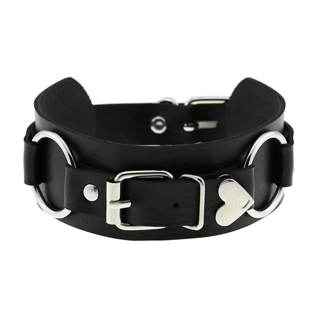 Gothic style black leather choker with heart pendant, stylish accessory for cosplay and everyday wear.