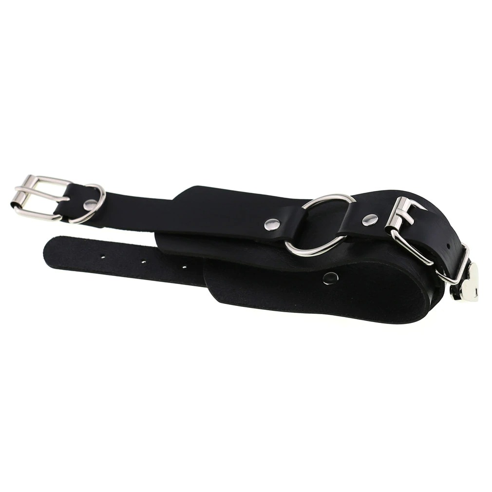 Black Gothic style leather choker with silver buckle and ring for ladies and cosplay enthusiasts.