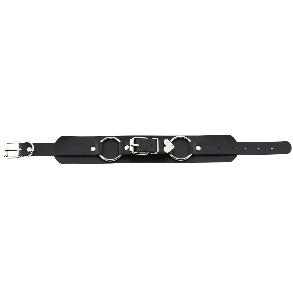 Gothic style black leather choker necklace with heart and rings, perfect for cosplay and stylish accessory options.