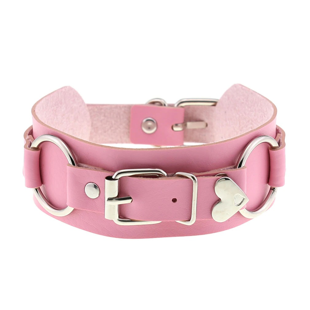 Gothic style pink leather choker with heart-shaped decor for ladies, perfect accessory for cosplay or casual outfits.