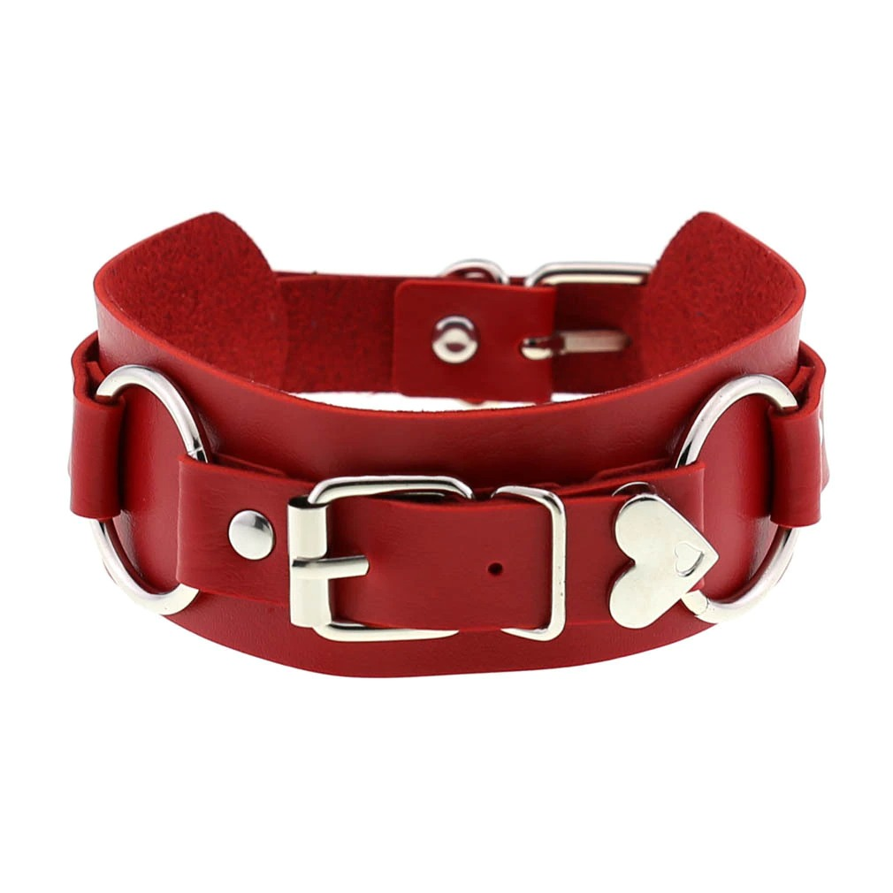 Gothic style red PU leather heart choker necklace collar with silver accents for ladies cosplay accessories.