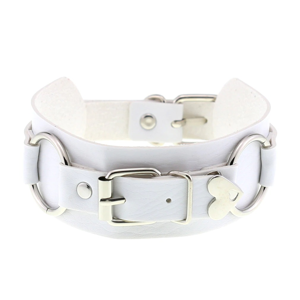 Gothic style white leather choker with heart detail, perfect accessory for ladies' cosplay outfits.