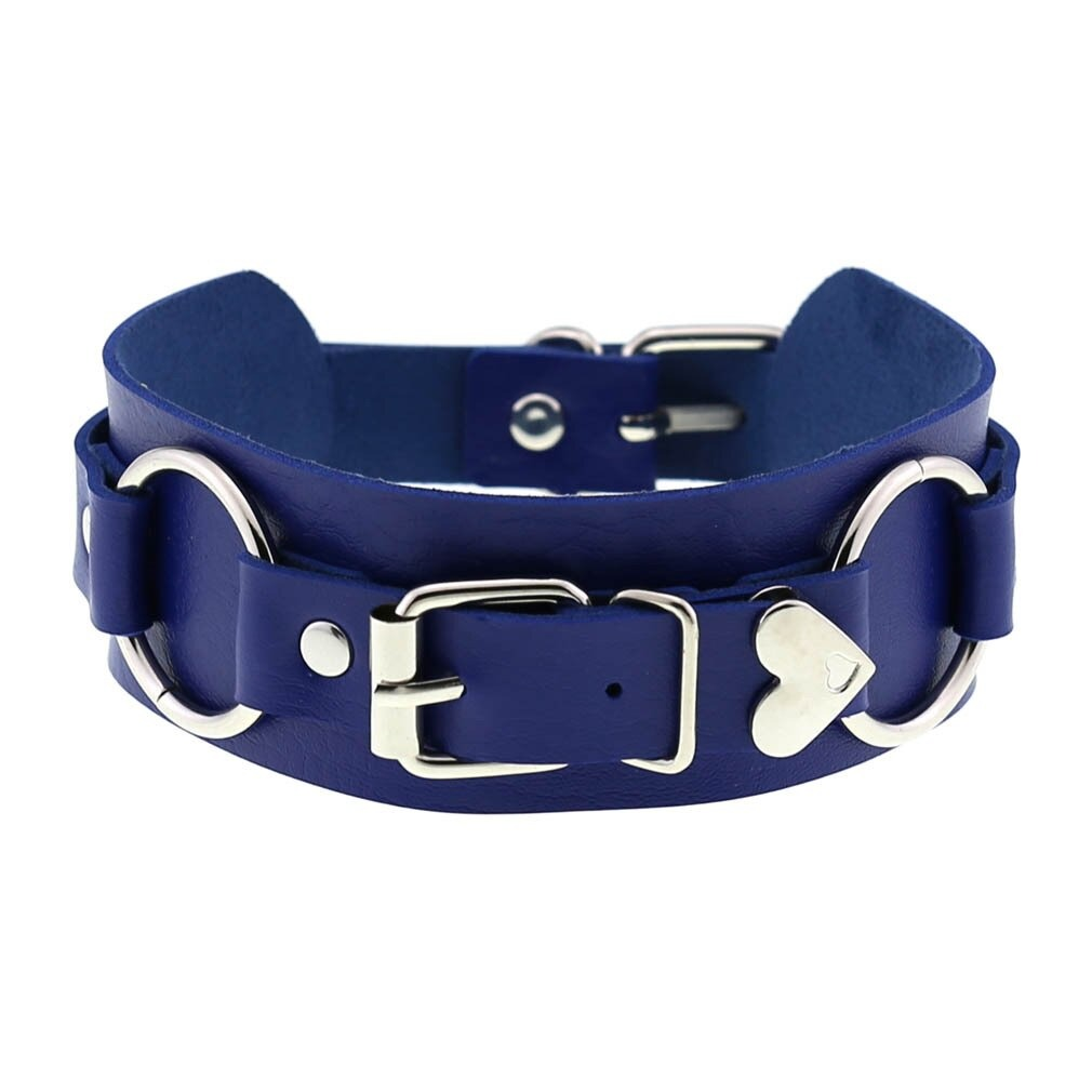 Gothic style blue leather heart choker necklace collar for ladies, featuring silver hardware and modern design.