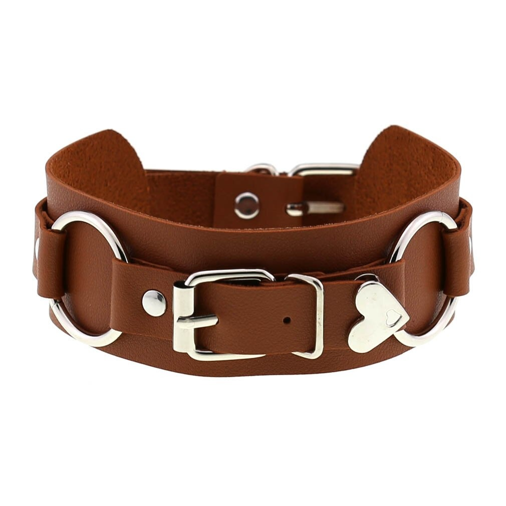 Gothic style brown leather heart choker necklace collar for women, trendy cosplay accessory with silver accents.