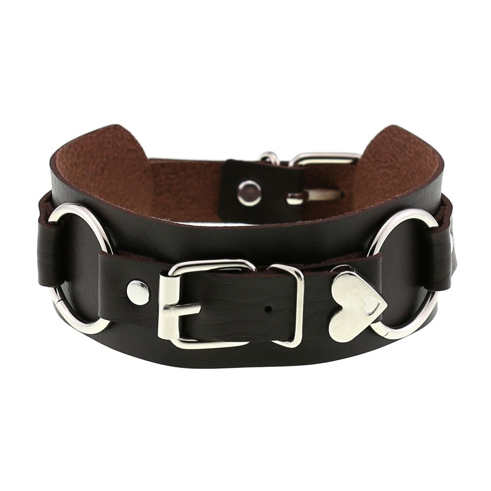 Gothic style leather heart choker necklace collar for women, featuring silver accents and adjustable buckle design.