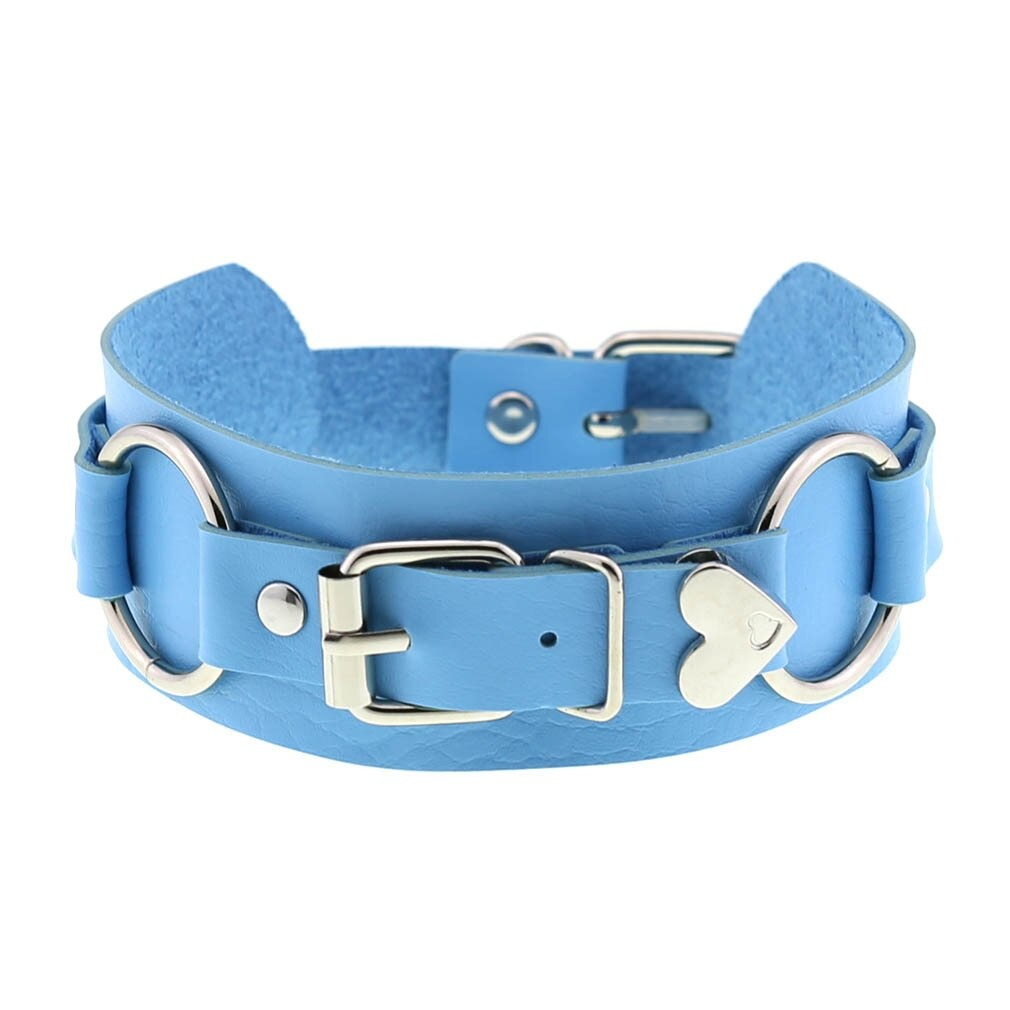 Gothic style blue leather heart choker necklace collar for girls, perfect cosplay accessory with stylish buckle and rings.